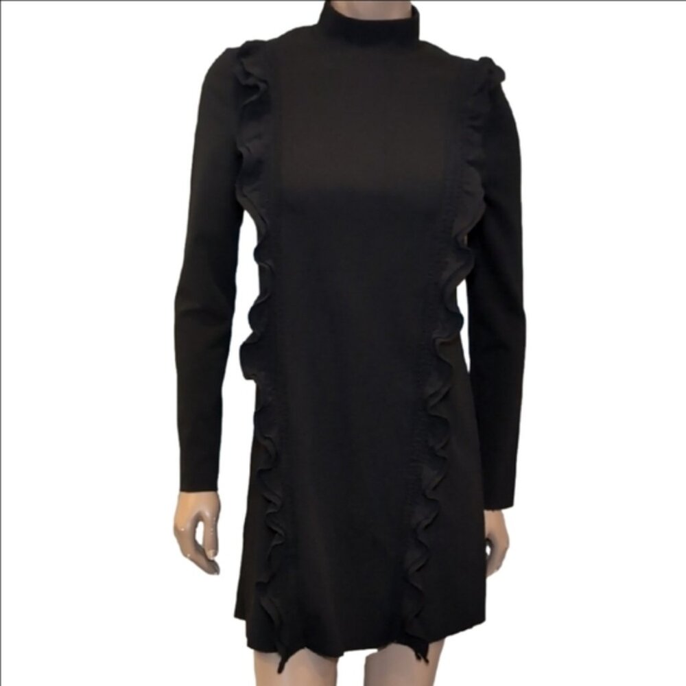 Zara Black Ruffled Trim Mini Dress Mock Neck Long Sleeve Black Size Medium